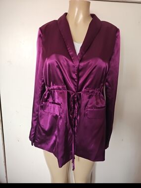 Purple Satin Drawstring Waist Cardigan